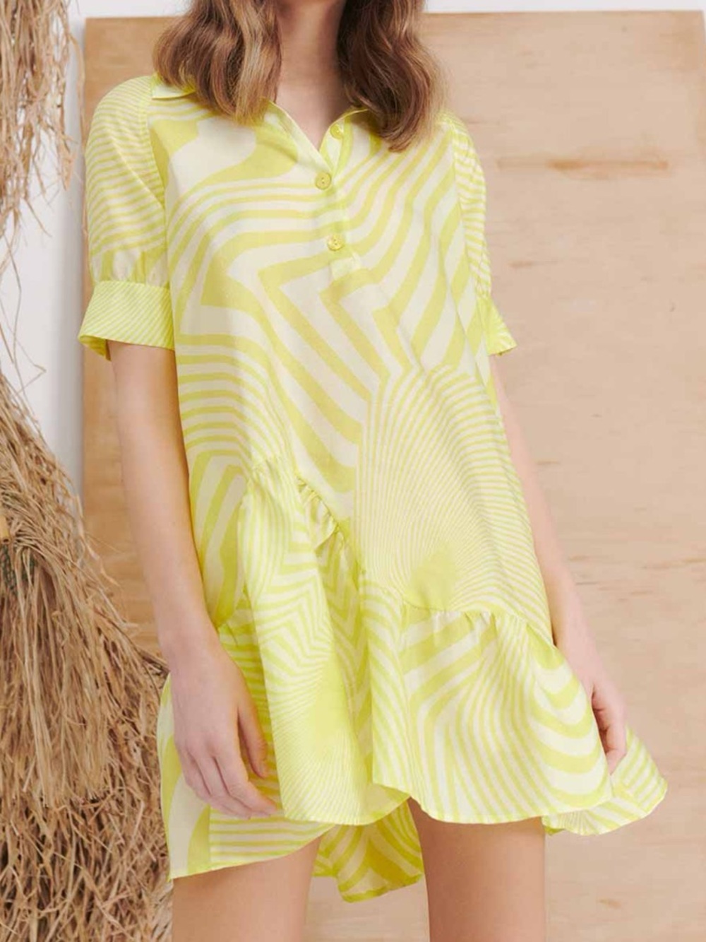 Baum Und Pferdgarten- Yellow Swirl Mini Dress - Lightweight Short Sleeve